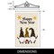 G128 Combo Pack Garden Flag Hanger 14IN & Garden Flag Happy New Year 3 Celebrating Gnomes 12x18IN Printed Double Sided Burlap Fabric